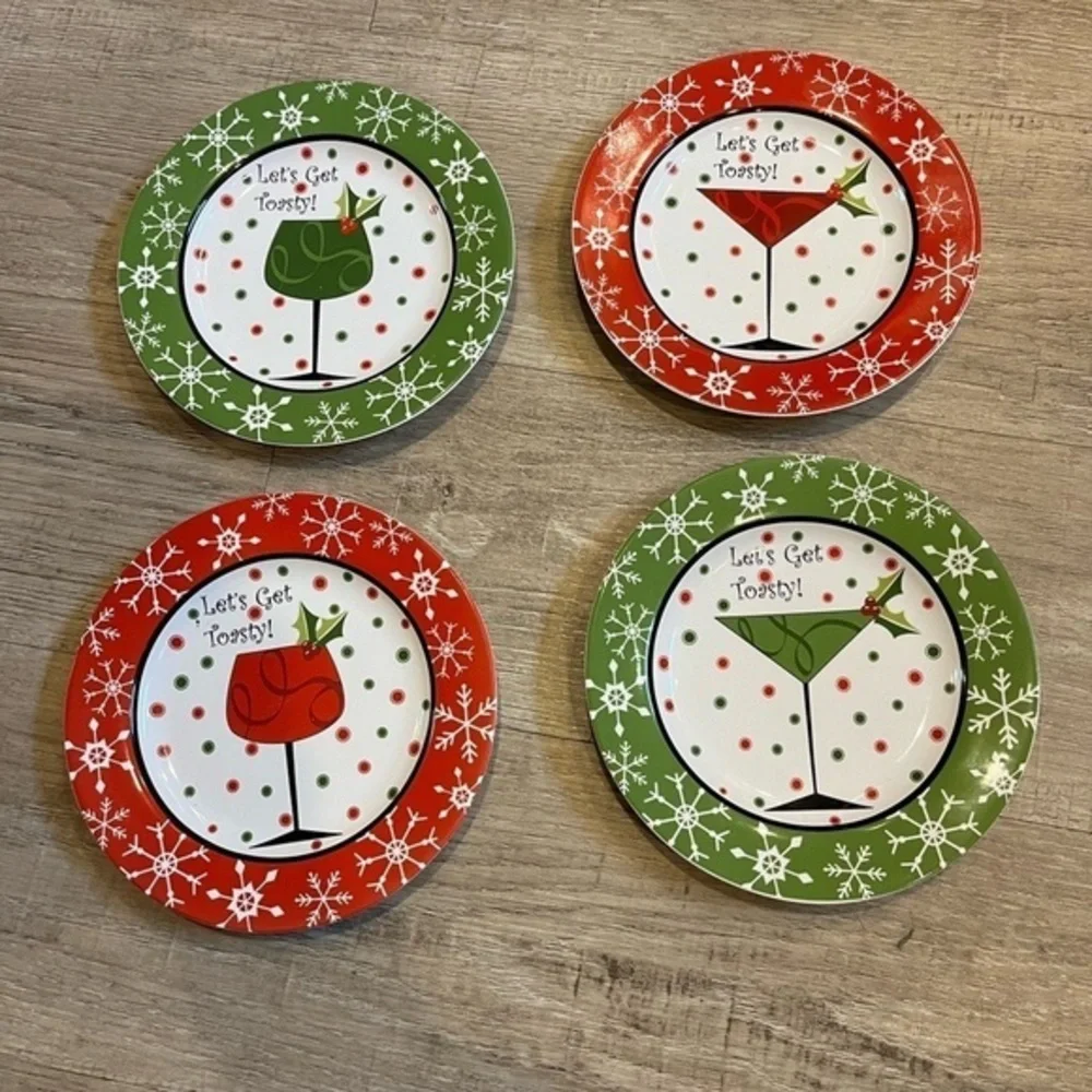 222 Fifth Let’s Get Toasty Christmas Holiday Appetizer Plates 6.25” Set 4